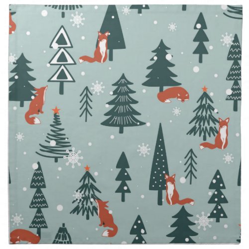 Foxes fir_trees winter colorful pattern cloth napkin