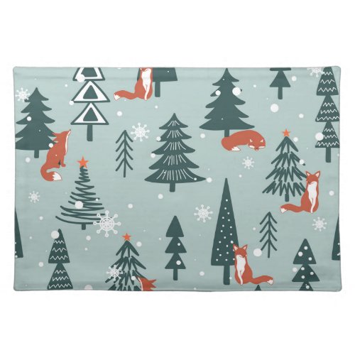 Foxes fir_trees winter colorful pattern cloth placemat