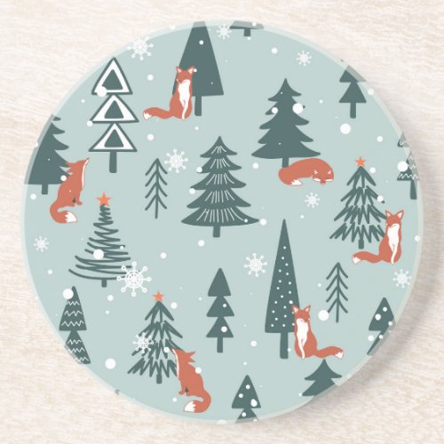 Foxes fir_trees winter colorful pattern coaster