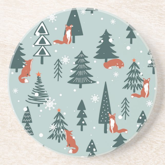 Foxes, fir-trees, winter, colorful pattern coaster (Front)