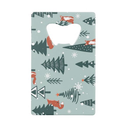 Foxes fir_trees winter colorful pattern credit card bottle opener