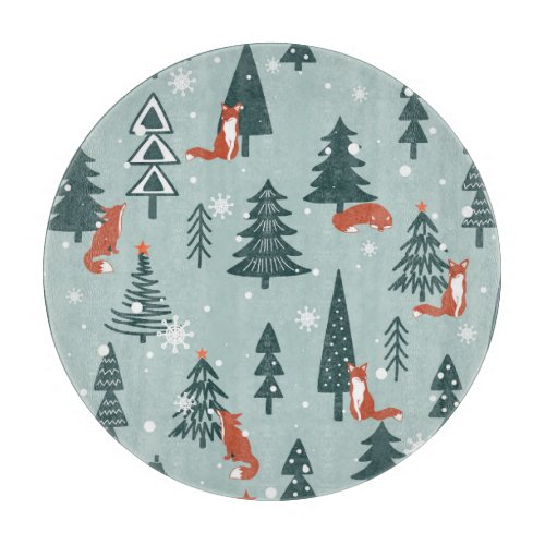 Foxes fir_trees winter colorful pattern cutting board