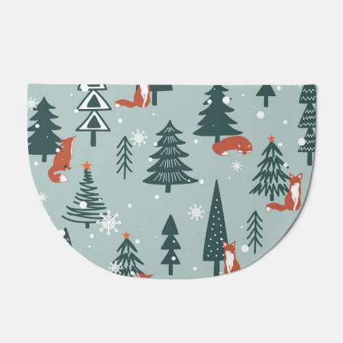Foxes fir_trees winter colorful pattern doormat