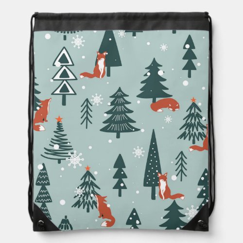 Foxes fir_trees winter colorful pattern drawstring bag