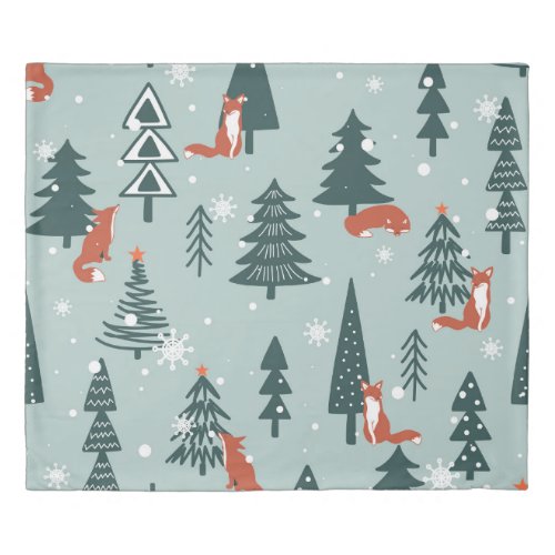 Foxes fir_trees winter colorful pattern duvet cover