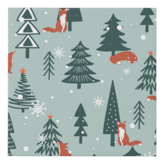 Foxes, fir-trees, winter, colorful pattern faux canvas print