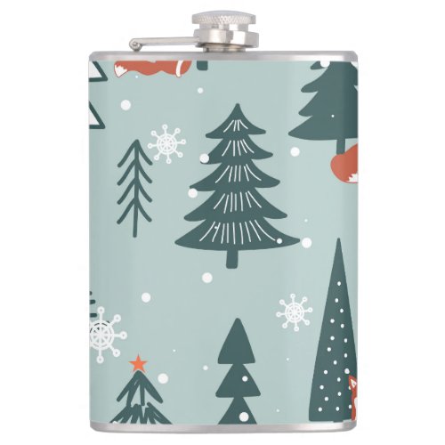 Foxes fir_trees winter colorful pattern flask