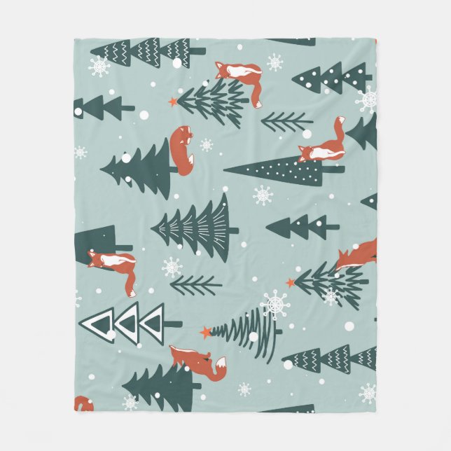 Foxes, fir-trees, winter, colorful pattern fleece blanket (Front)