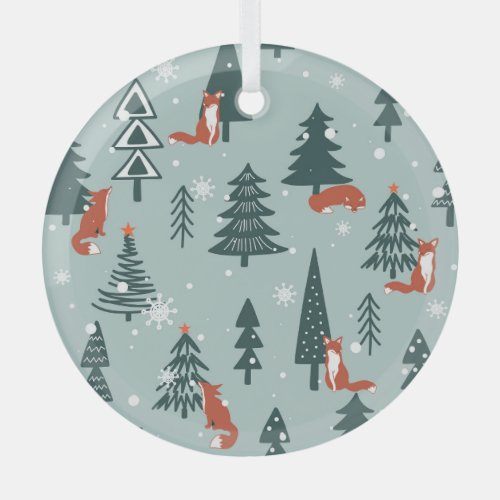 Foxes fir_trees winter colorful pattern glass ornament