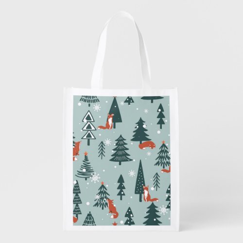 Foxes fir_trees winter colorful pattern grocery bag