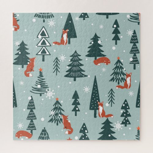 Foxes fir_trees winter colorful pattern jigsaw puzzle