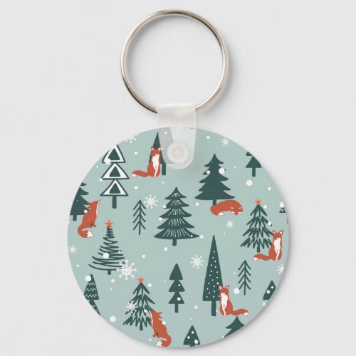 Foxes fir_trees winter colorful pattern keychain
