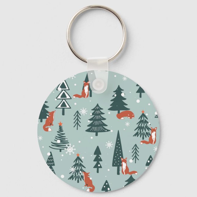 Foxes, fir-trees, winter, colorful pattern keychain (Front)