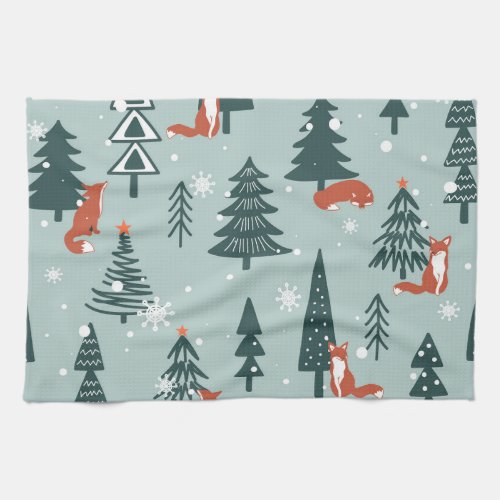 Foxes fir_trees winter colorful pattern kitchen towel