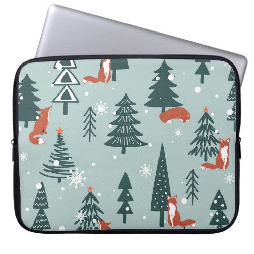 Foxes fir_trees winter colorful pattern laptop sleeve