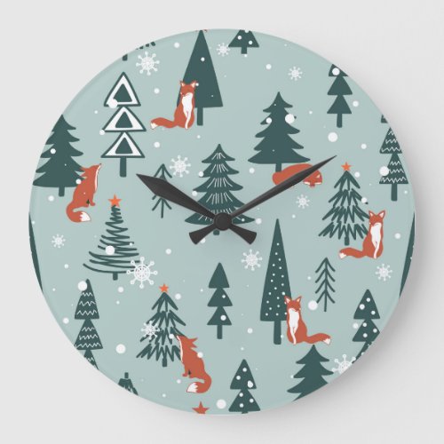 Foxes fir_trees winter colorful pattern large clock