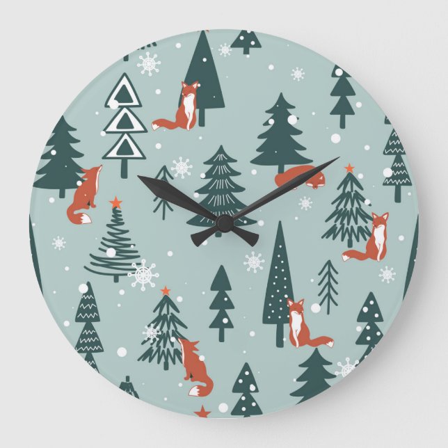 Foxes, fir-trees, winter, colorful pattern large clock (Front)