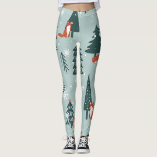 Foxes, fir-trees, winter, colorful pattern leggings