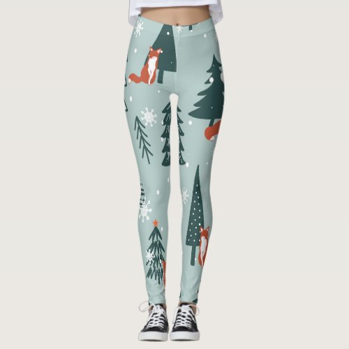 Foxes fir_trees winter colorful pattern leggings