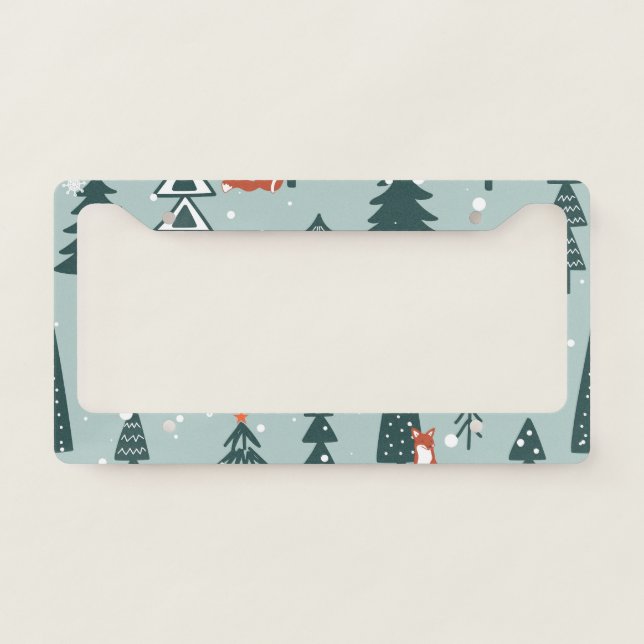 Foxes, fir-trees, winter, colorful pattern license plate frame (Front)