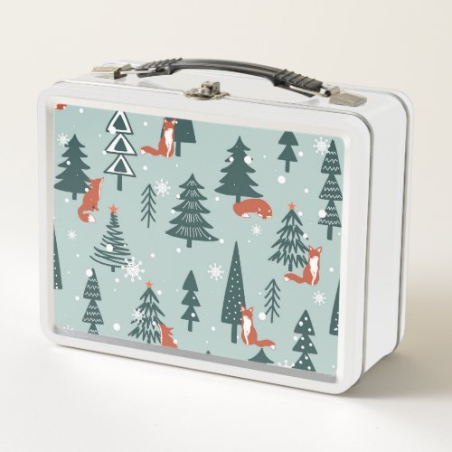 Foxes fir_trees winter colorful pattern metal lunch box