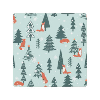 Foxes, fir-trees, winter, colorful pattern metal print