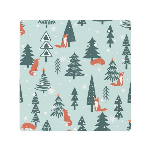 Foxes fir_trees winter colorful pattern metal print
