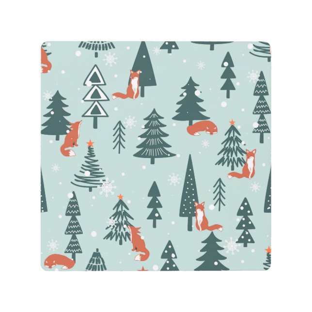 Foxes, fir-trees, winter, colorful pattern metal print (Front)