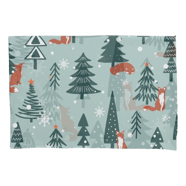Foxes, fir-trees, winter, colorful pattern pillow case (Front)