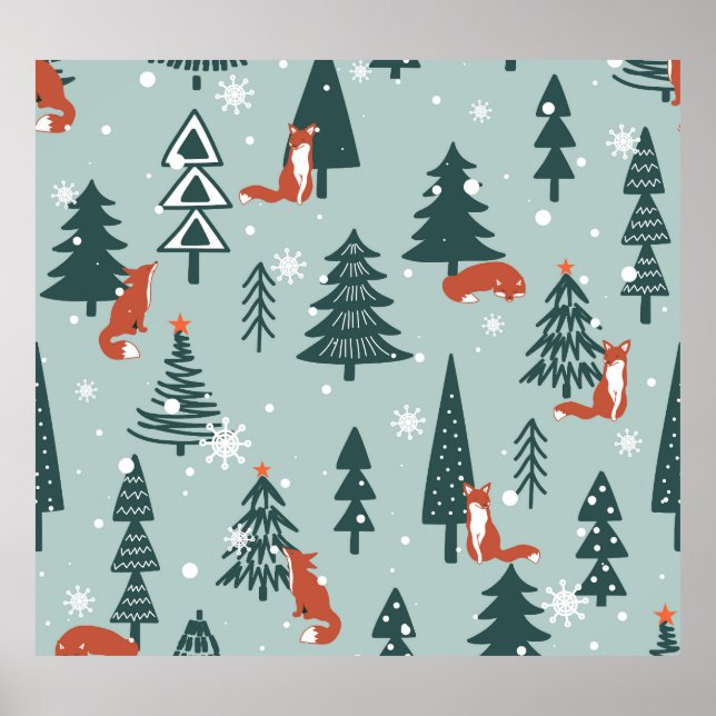 Foxes, fir-trees, winter, colorful pattern poster (Front)