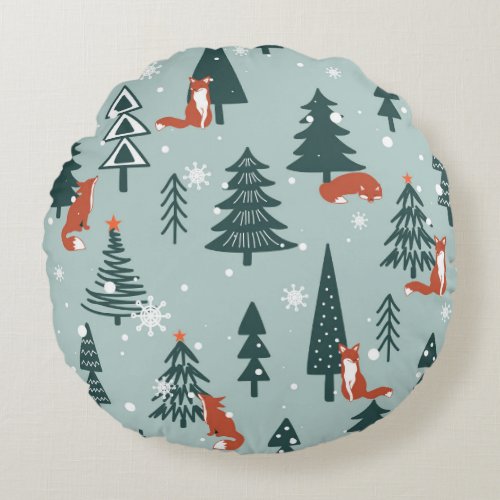 Foxes fir_trees winter colorful pattern round pillow