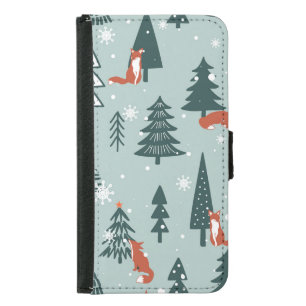 Foxes, fir-trees, winter, colorful pattern samsung galaxy s5 wallet case