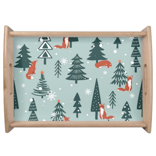 Foxes fir_trees winter colorful pattern serving tray