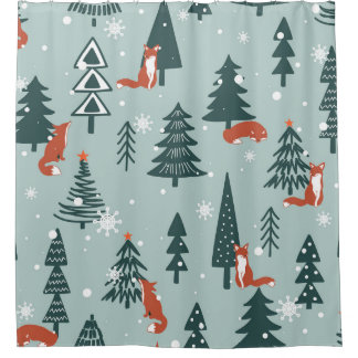 Foxes, fir-trees, winter, colorful pattern shower curtain
