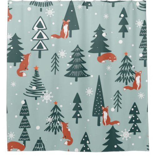 Foxes fir_trees winter colorful pattern shower curtain