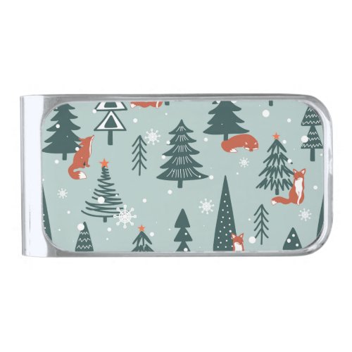 Foxes fir_trees winter colorful pattern silver finish money clip