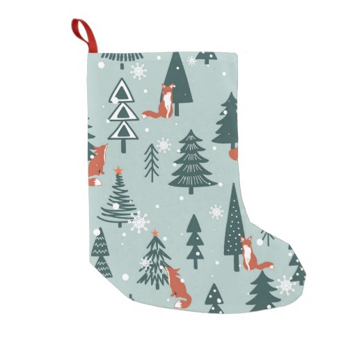 Foxes fir_trees winter colorful pattern small christmas stocking