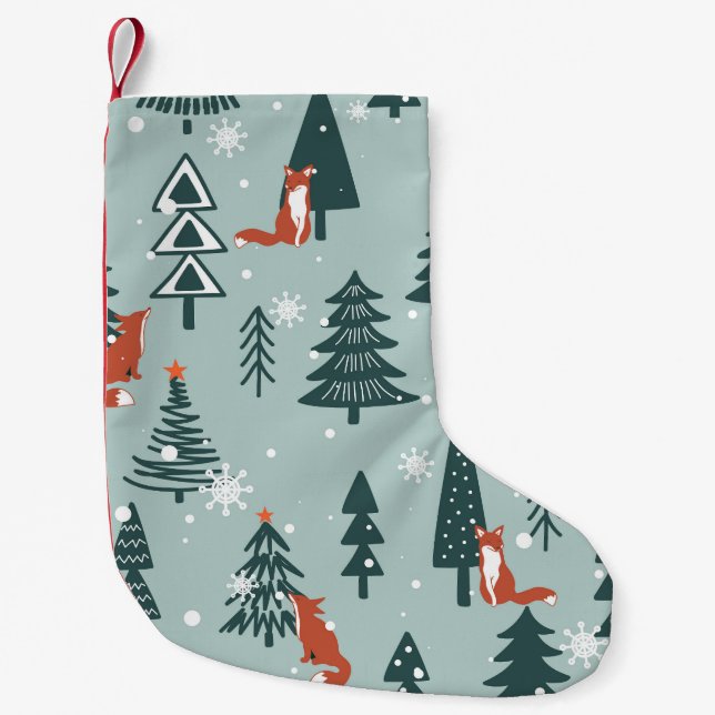 Foxes, fir-trees, winter, colorful pattern small christmas stocking (Front)