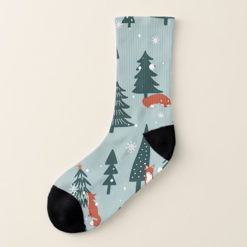 Foxes fir_trees winter colorful pattern socks