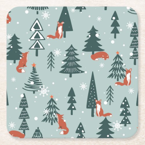 Foxes fir_trees winter colorful pattern square paper coaster