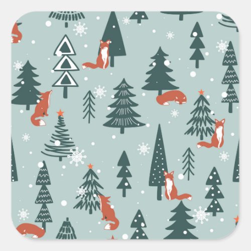 Foxes fir_trees winter colorful pattern square sticker