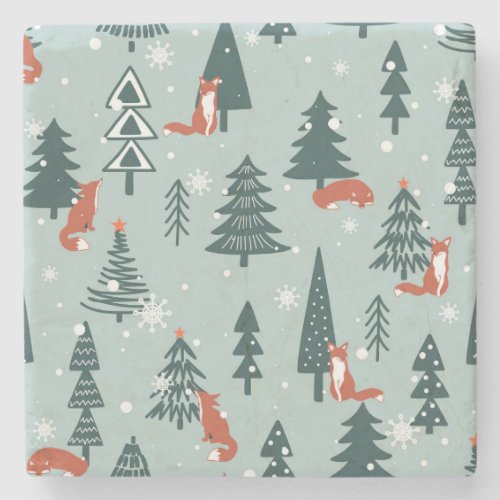 Foxes fir_trees winter colorful pattern stone coaster
