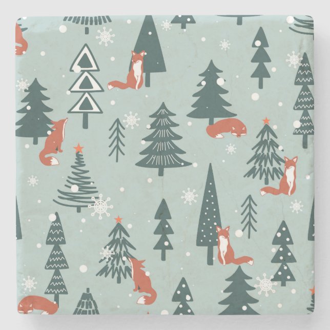 Foxes, fir-trees, winter, colorful pattern stone coaster (Front)
