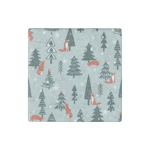Foxes fir_trees winter colorful pattern stone magnet