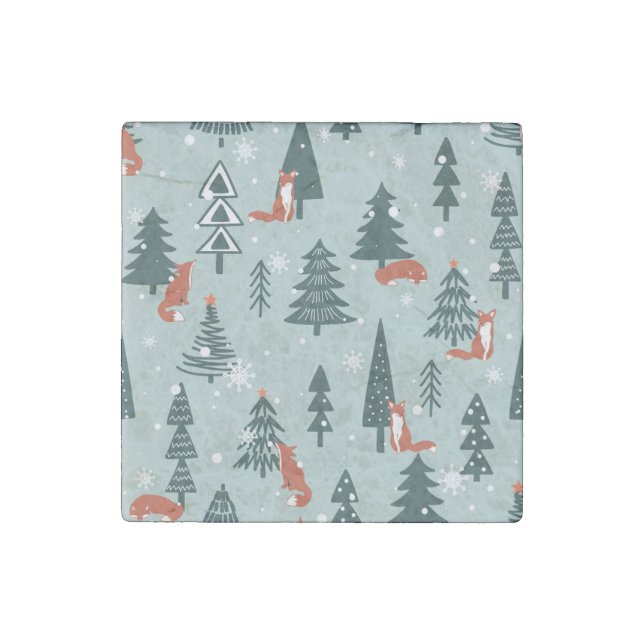 Foxes, fir-trees, winter, colorful pattern stone magnet (Front)