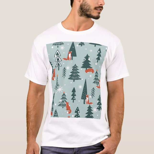 Foxes, fir-trees, winter, colorful pattern T-Shirt (Front)