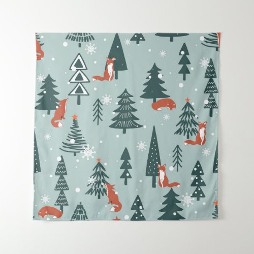 Foxes fir_trees winter colorful pattern tapestry