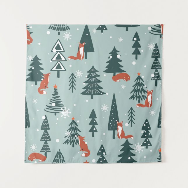 Foxes, fir-trees, winter, colorful pattern tapestry (Front)