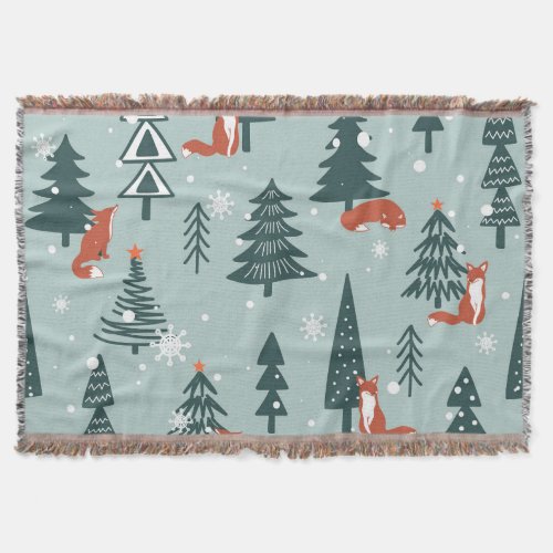 Foxes fir_trees winter colorful pattern throw blanket
