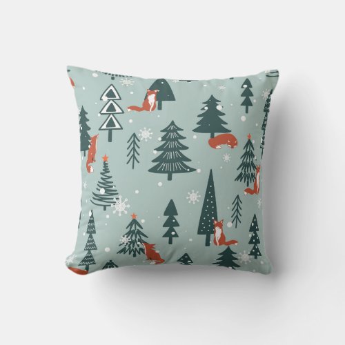 Foxes fir_trees winter colorful pattern throw pillow